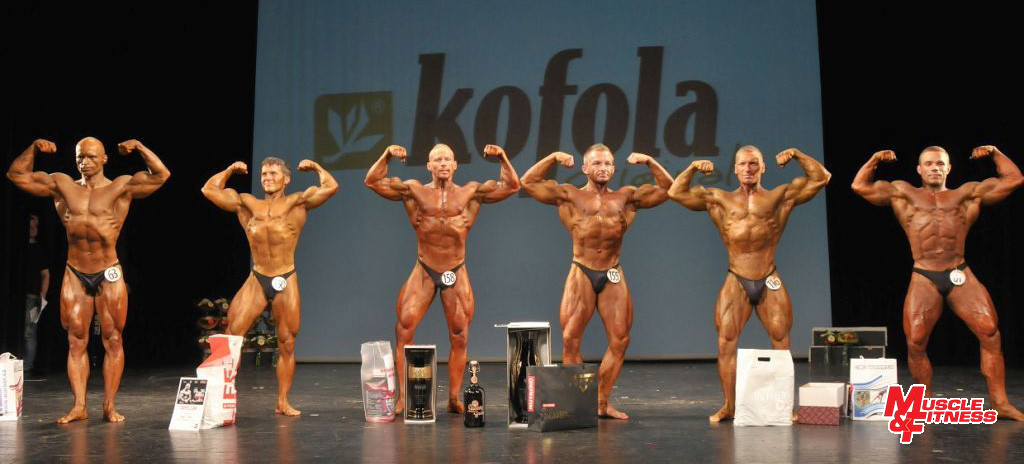 1. Finalisté kategorie v kulturistice mužů do 80 kg (zleva): Růžička (6.), Lukáč (4.), Janulevičius (2.), Miklečič (1.), Škadra (3.), Zyle (5.)